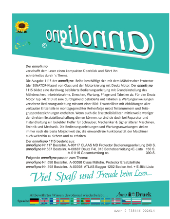 Claas Mähdrescher Protector (der SENATOR-Klasse) & Deutz F4L 913 Bild- Bedienungsanleitung & Bild-Ersatzteilliste & Explosionszeichnungen - annoligno 1116